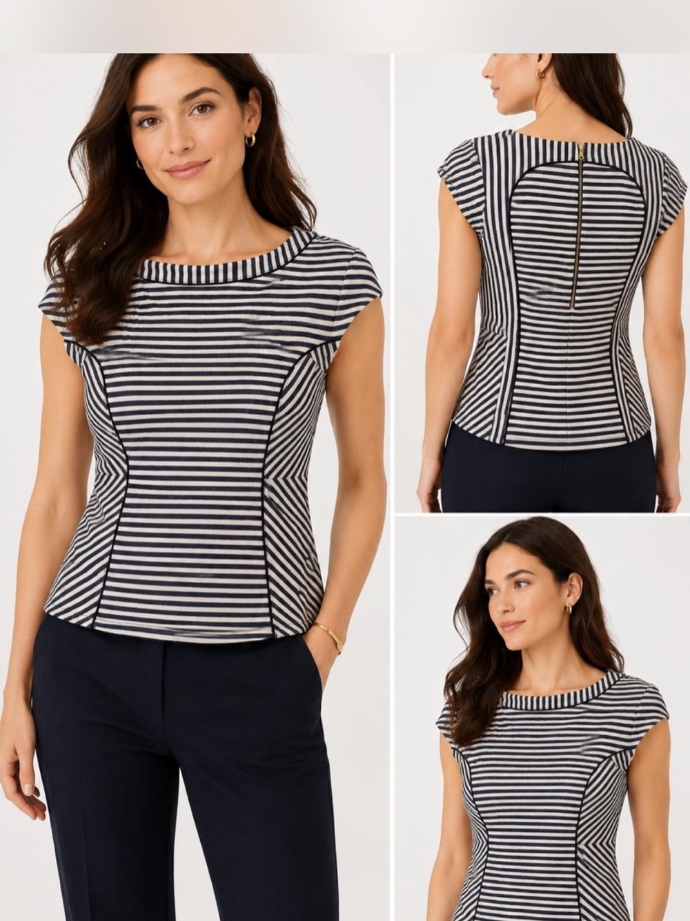 Ann Taylor Navy Ivory Striped Knit Cap Sleeve Top Size S